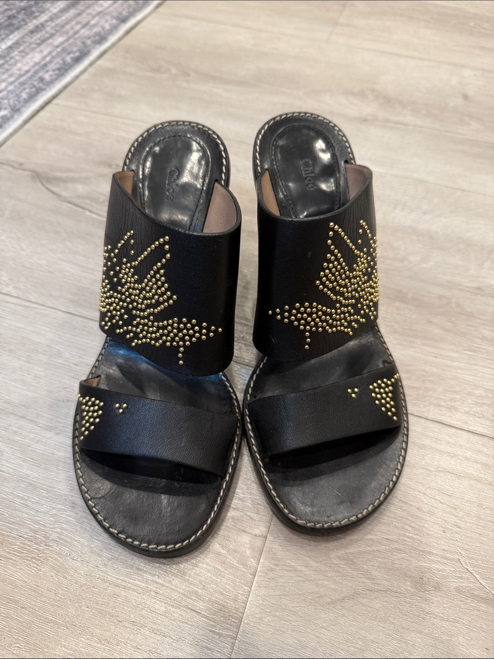 Chloe Black Leather Slide Sandals with Gold Stud Detailing